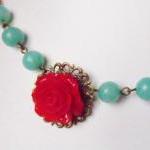 Red Rose Necklace, Rockabilly Flower Necklace,..