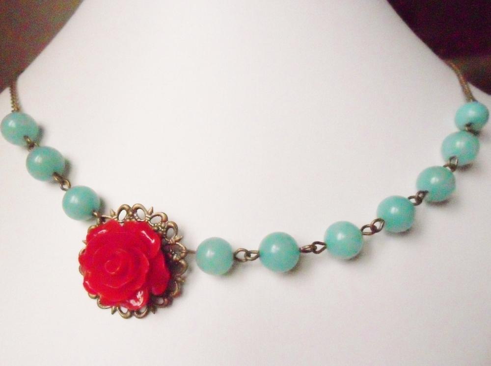 Red Rose Necklace, Rockabilly Flower Necklace, With Aqua Blue Jade And Antique Bronze - Pin Up Burlesque Glamour