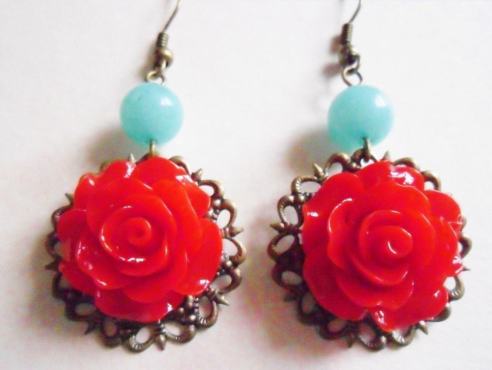 Rockabilly Rose Drop Earrings in Romantic Red with Aqua Jade and Vintage Brass - spring flower dangles