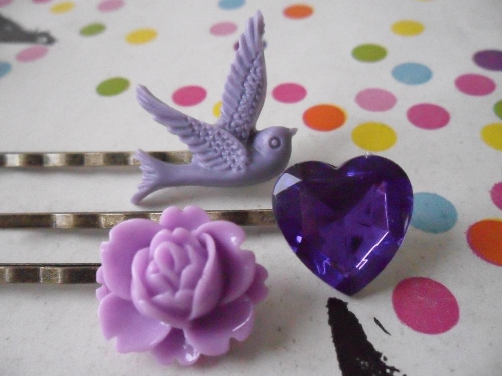 Lilac Ultraviolet Swallow Bobby Pin Set - Bronze Hair Clips Slides Pins Grips Heart Vintage