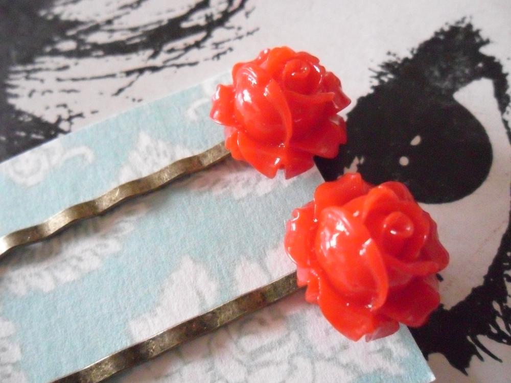 A Pair of Lipstick Red Vintage Rosebud Bronze Bobby Pins - hair clips slides pins flower