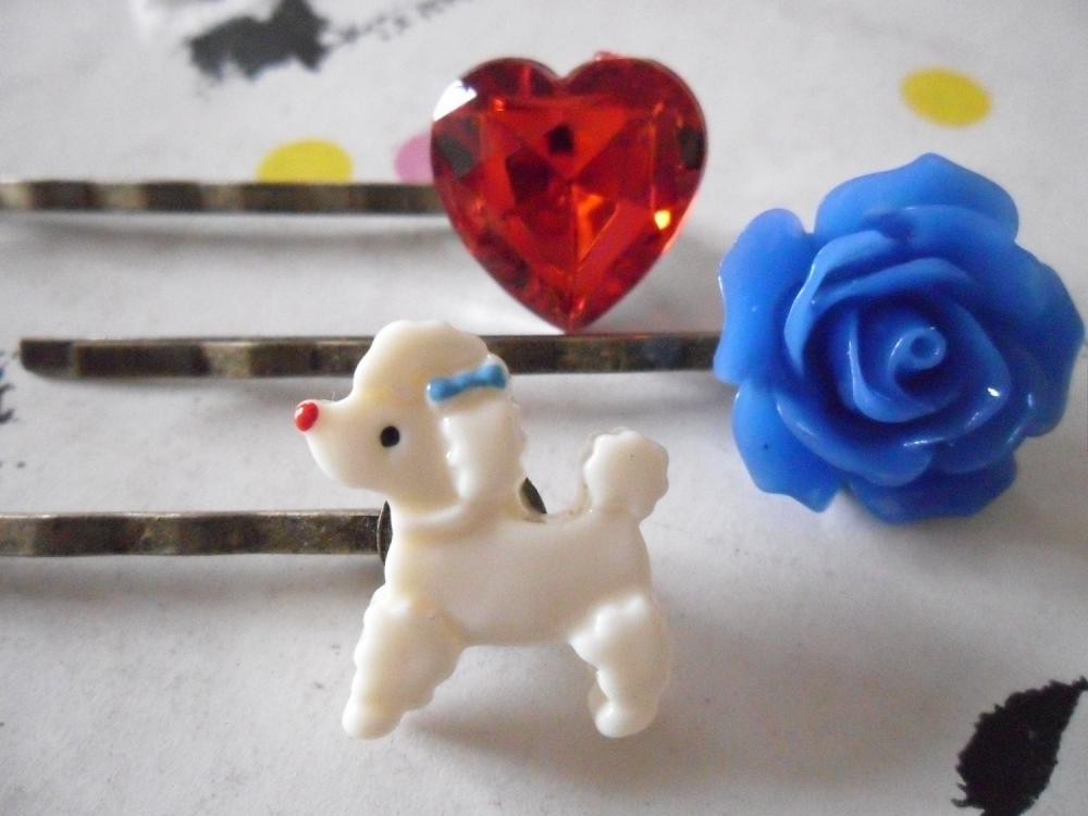 Tricolore French Poodle Bobby Pins - Bronze Hair Clips Slides Pins Grips Heart Rose