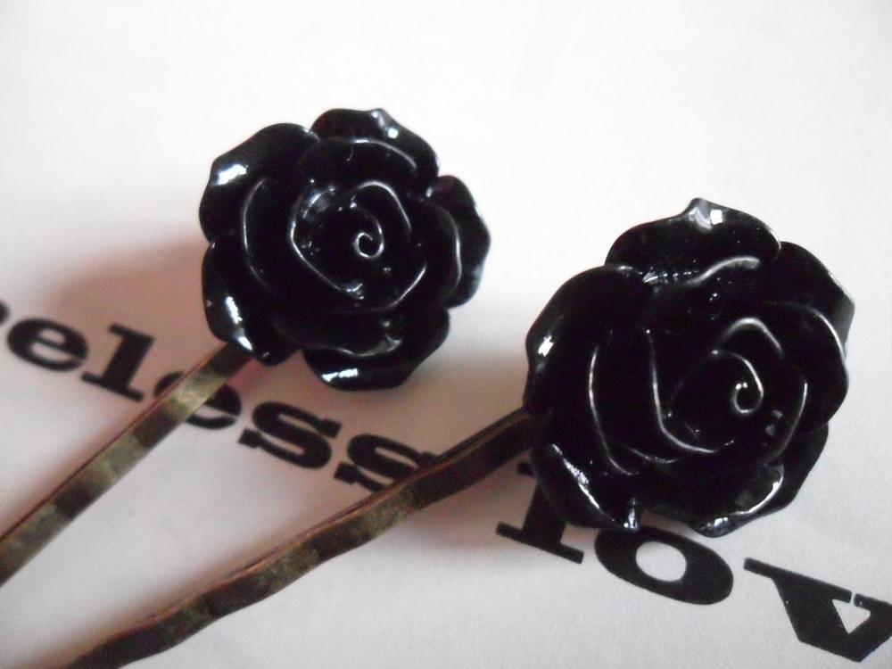 A Pair of Pitch Black Vintage Rose Bronze Bobby Pins - hair clips slides pins flower