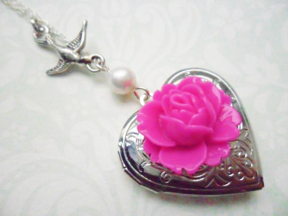 Silver Swallow Locket with Pearl and Hot Pink Vintage Flower Cabochon
