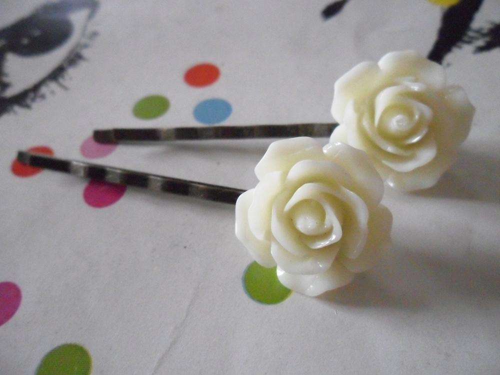 Rose Bobby Pins In Lemon Chiffon And Antique Bronze - Vintage Style Hair Clips Slides Pins Rockabilly Flower