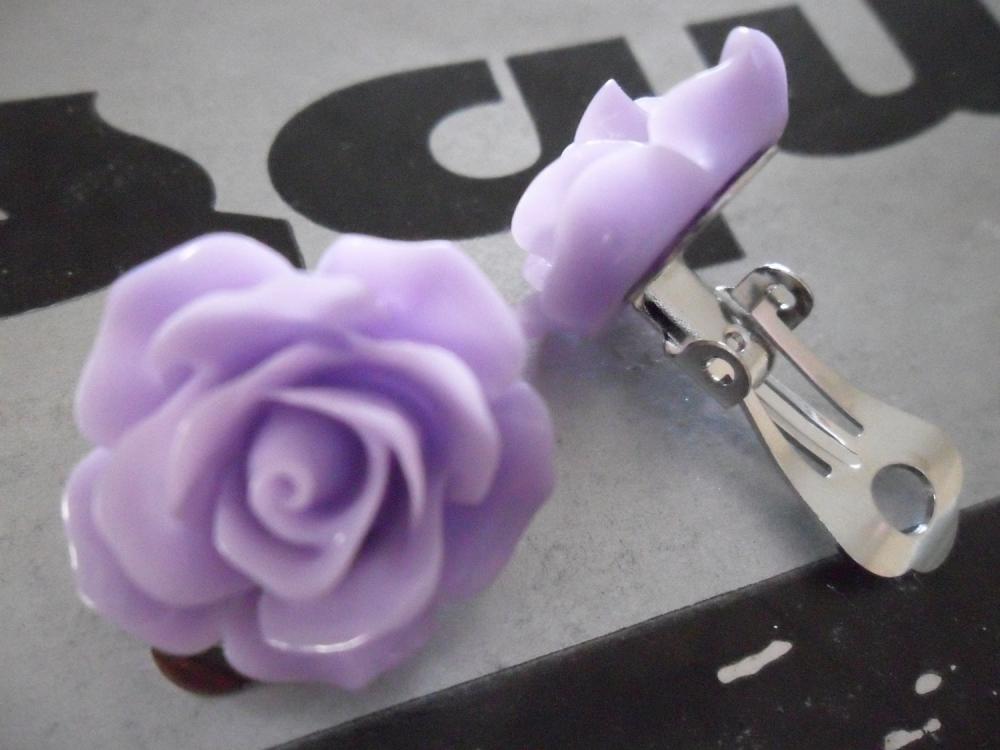 Lilac Vintage Resin Rose Clip On Earrings Flower Clip-ons Purple Mauve