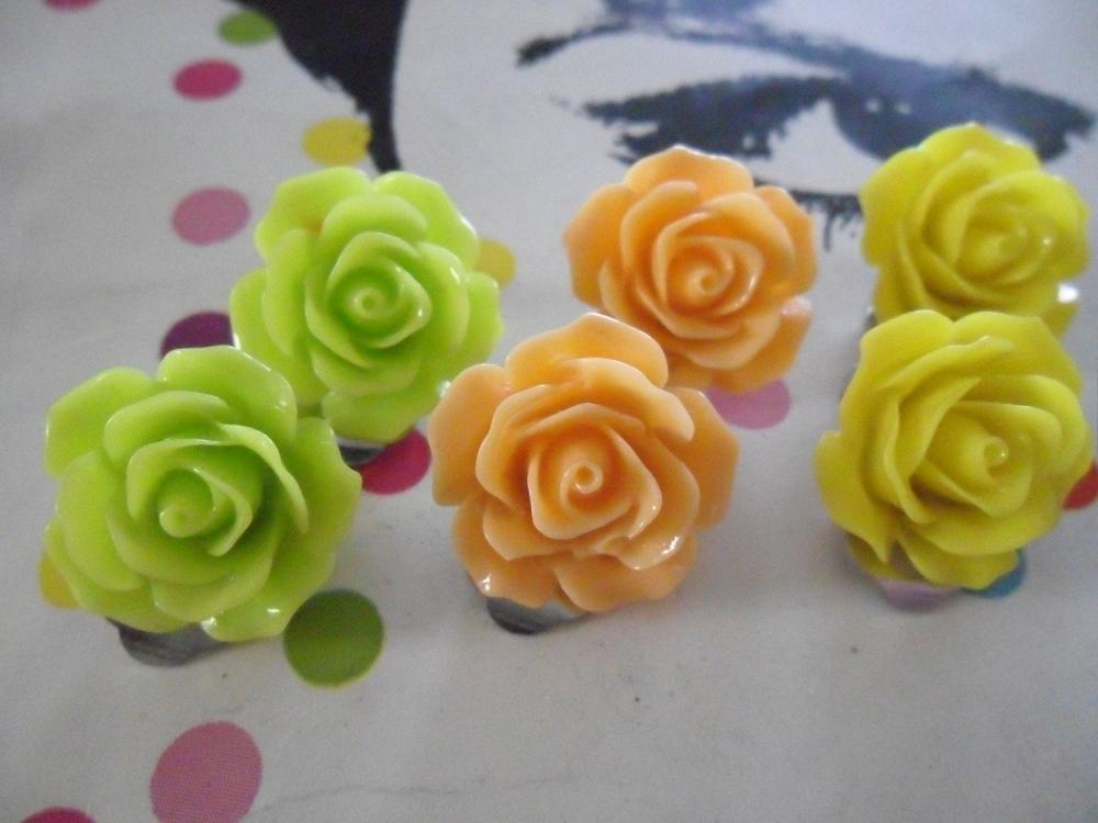 Citrus Fruits Vintage Resin Rose Clip On Earrings Flower Clip-ons Set Green Yellow Orange