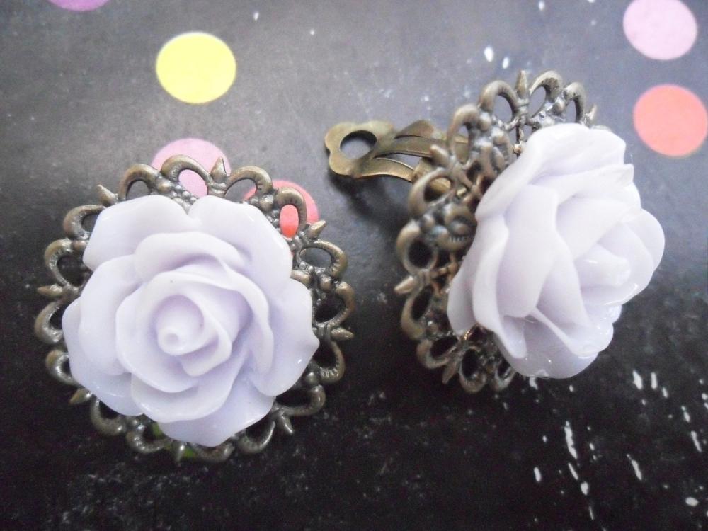 CLIP ON Lavender Mist Filigree Lace Vintage Resin Rose Earrings Flower clip-ons ear clips non pierced