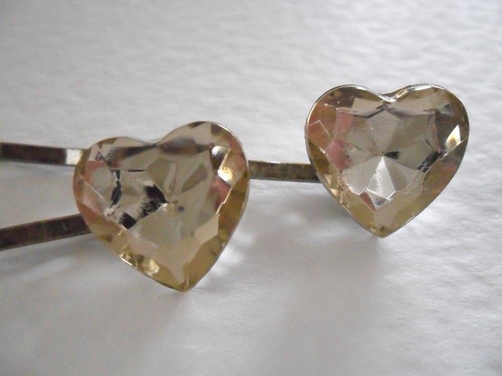A Pair of Champagne Vintage Jewel Heart Bobby Pins
