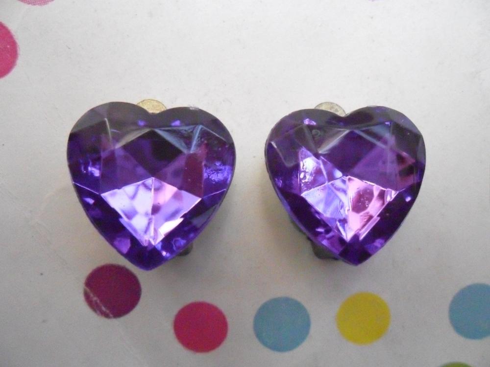 CLIP ON Ultraviolet Purple Sparkly Vintage Jewel Heart Earrings Clip-ons non-pierced
