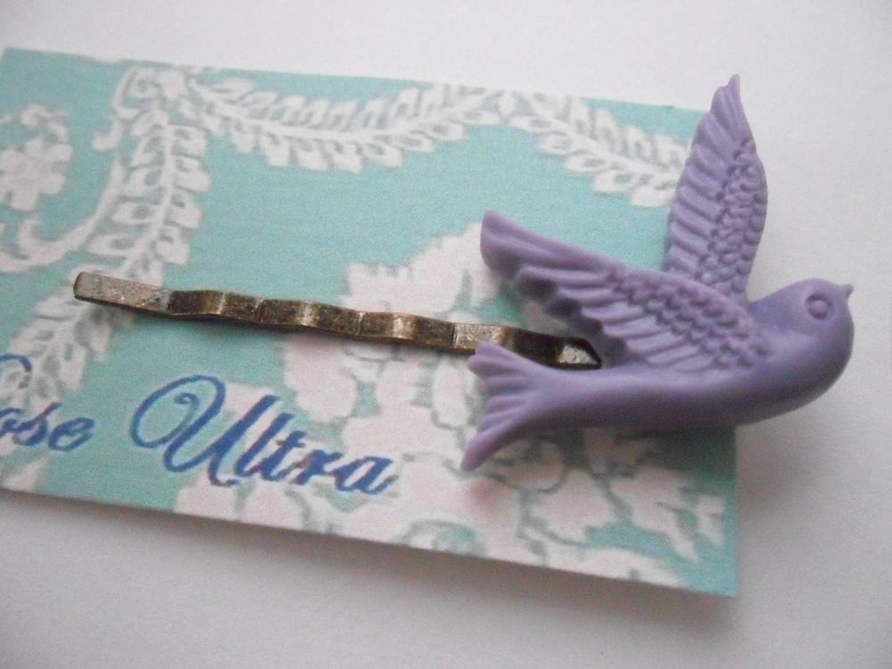 Lilac Flying Swallow On Antique Bronze Bobby Pin