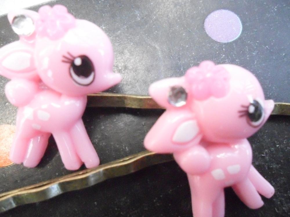 Pair of Light Pink Bambi Baby Deer on Antique Bronze Bobby Pins hair pins clips slides