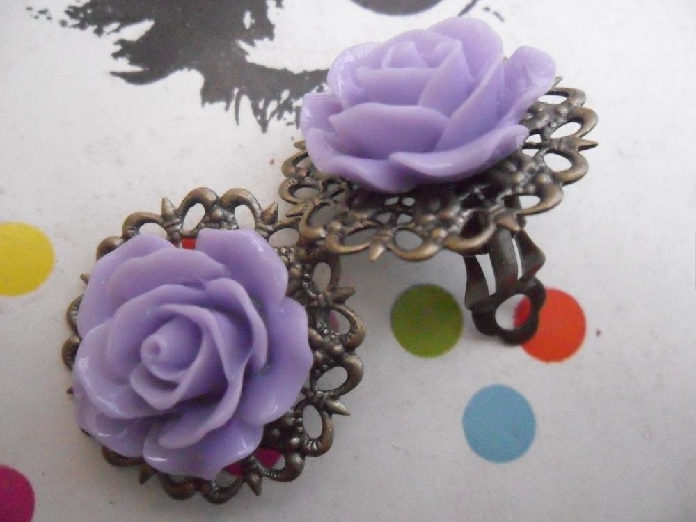 Clip On Lilac Filigree Lace Vintage Resin Rose Earrings Flower Clip-ons Ear Clips Non Pierced