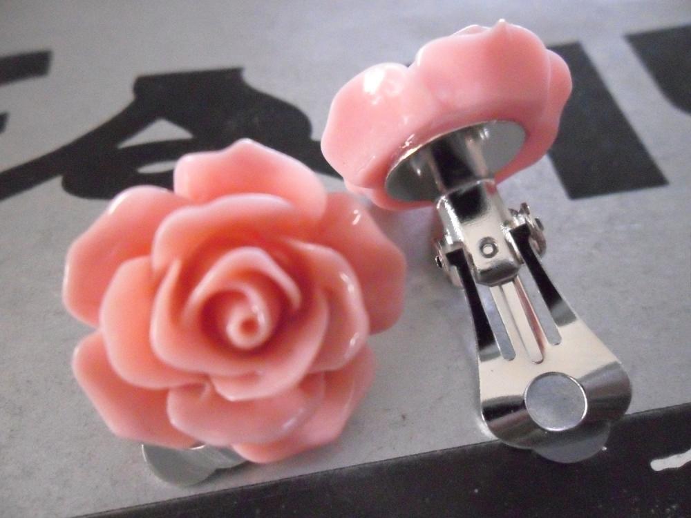 Old Pink Vintage Resin Rose CLIP ON earrings FLOWER clip-ons