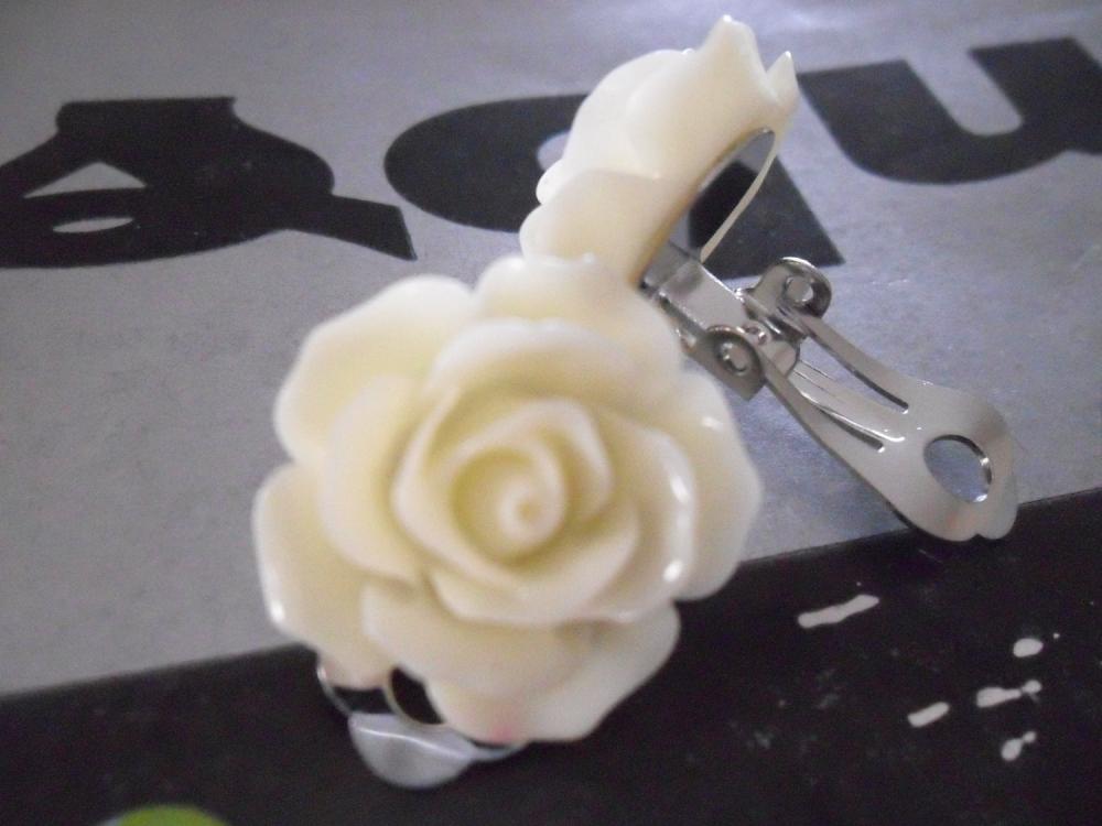 Lemon Cream Chiffon Vintage Resin Rose Clip On Earrings Flower Clip-ons