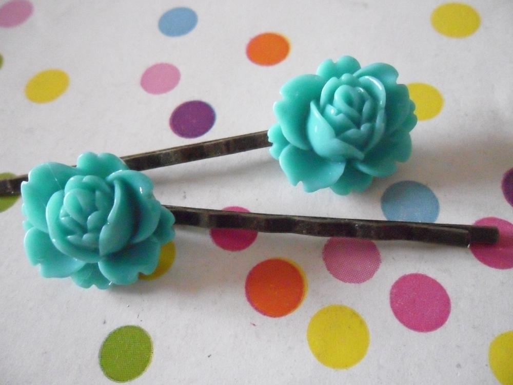 A Pair of Teal Green Vintage Peony Antique Bronze Bobby Pins - hair clips slides pins flower
