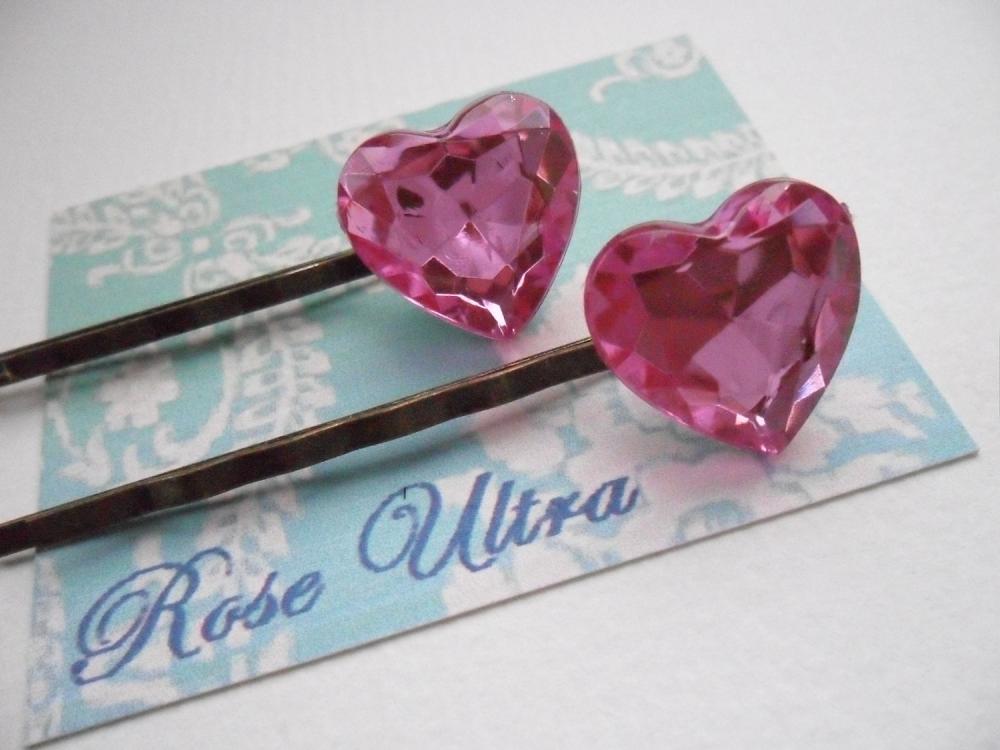 A Pair Of Candy Pink Jewel Heart Bobby Pins