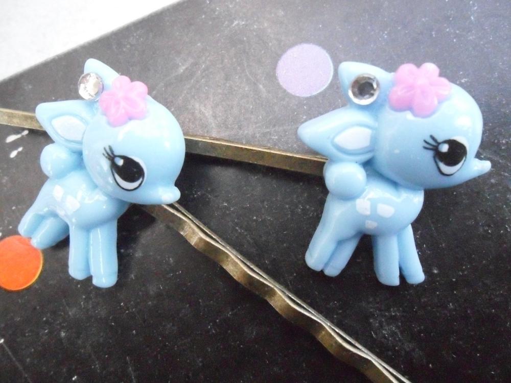 Pair of Light Blue Bambi Baby Deer on Antique Bronze Bobby Pins hair pins clips slides