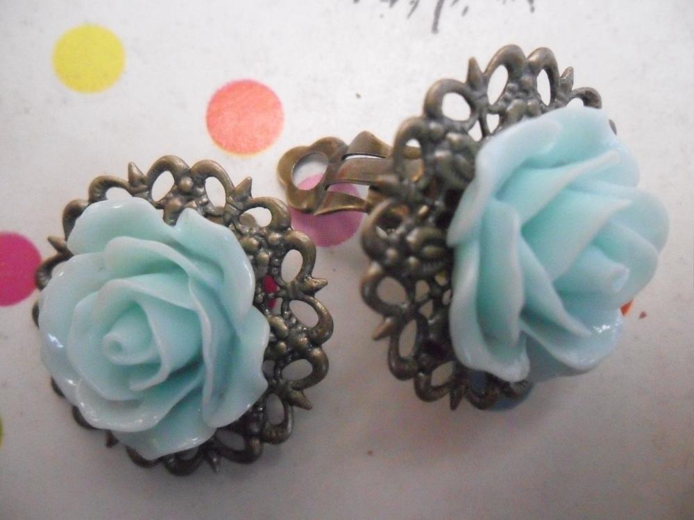Clip On Aqua Blue Filigree Lace Vintage Resin Rose Earrings Flower Clip-ons Ear Clips