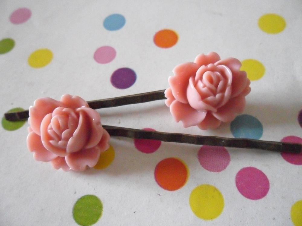 A Pair Of Old Pink Vintage Peony Antique Bronze Bobby Pins - Hair Clips Slides Pins Flower