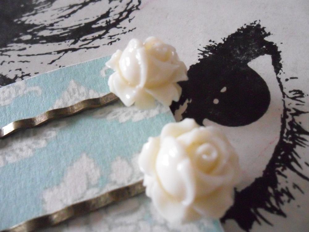 A Pair of Ivory White Vintage Rosebud Bronze Bobby Pins - hair clips slides pins flower