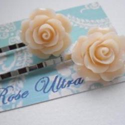 A Pair of Peaches and Cream Vintage Rose Silver Bobby Pins - hair clips slides pins flower