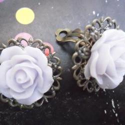 CLIP ON Lavender Mist Filigree Lace Vintage Resin Rose Earrings Flower clip-ons ear clips non pierced