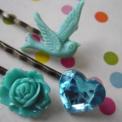 Sea Green and Teal Swallow Bobby Pin Set - bronze hair clips slides pins grips heart vintage